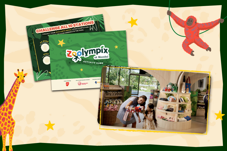 Zoolympix at Mandai activity card and a family shopping at a Mandai retail store
