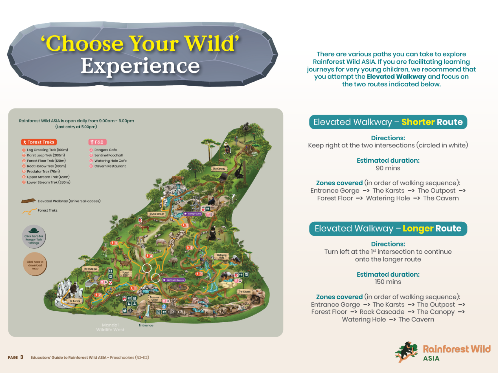 Rainforest Wild ASIA park map with walking trails, points of interest, and details for short and long elevated walkway routes for preschoolers.
