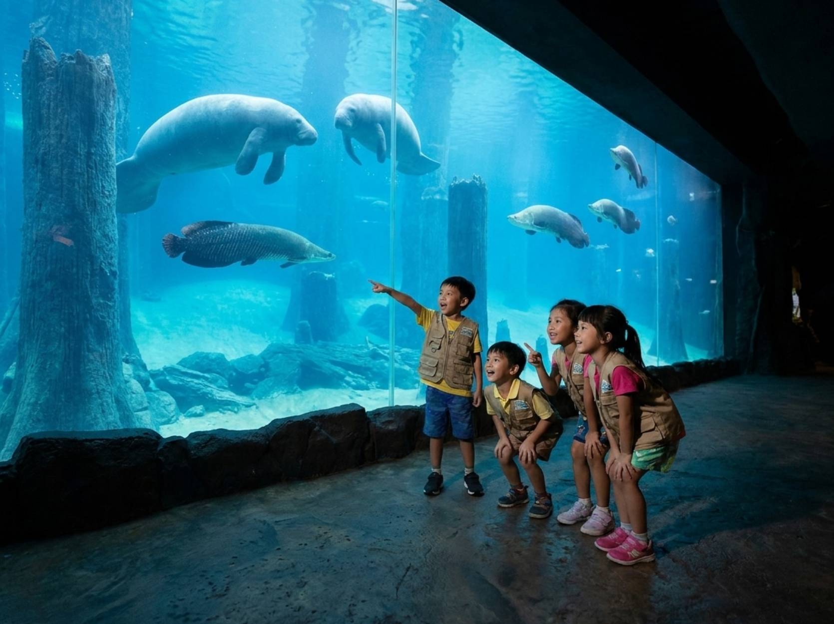 Students watching the manatees
